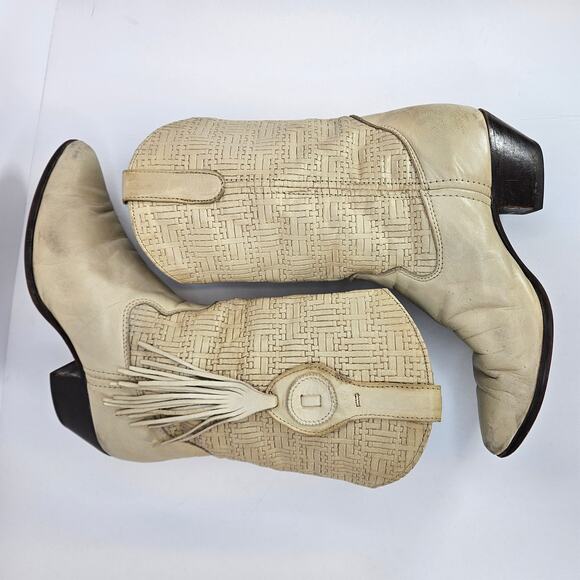 VINTAGE Cream Leather Laredo Basket Weave‎ Pattern Cowgirl Boots Size 6.5M - Picture 4 of 8